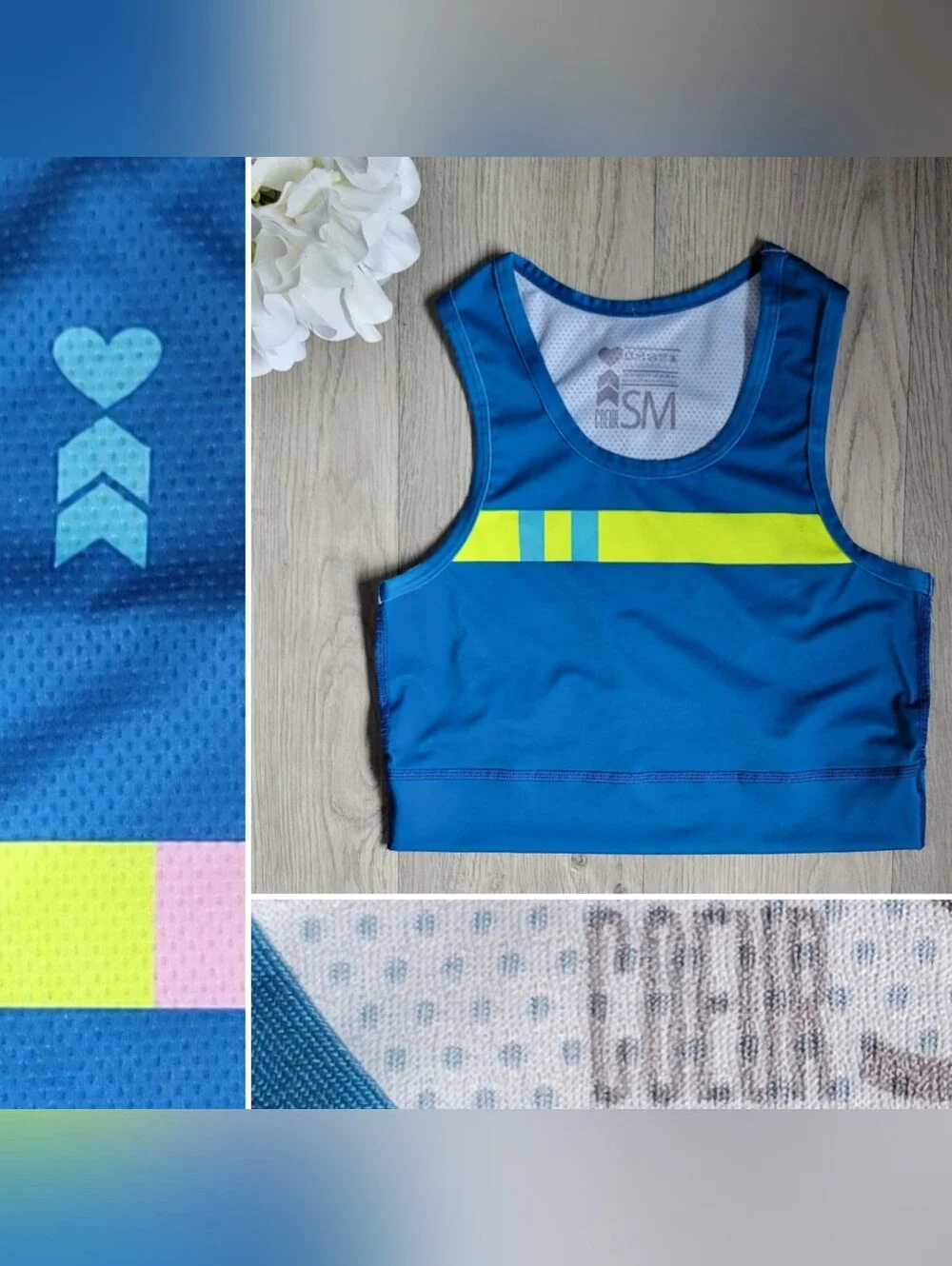 Coeur Sports Run Tech Crop in Flagship Blue & Yellow Racerback Sports Bra, Small
